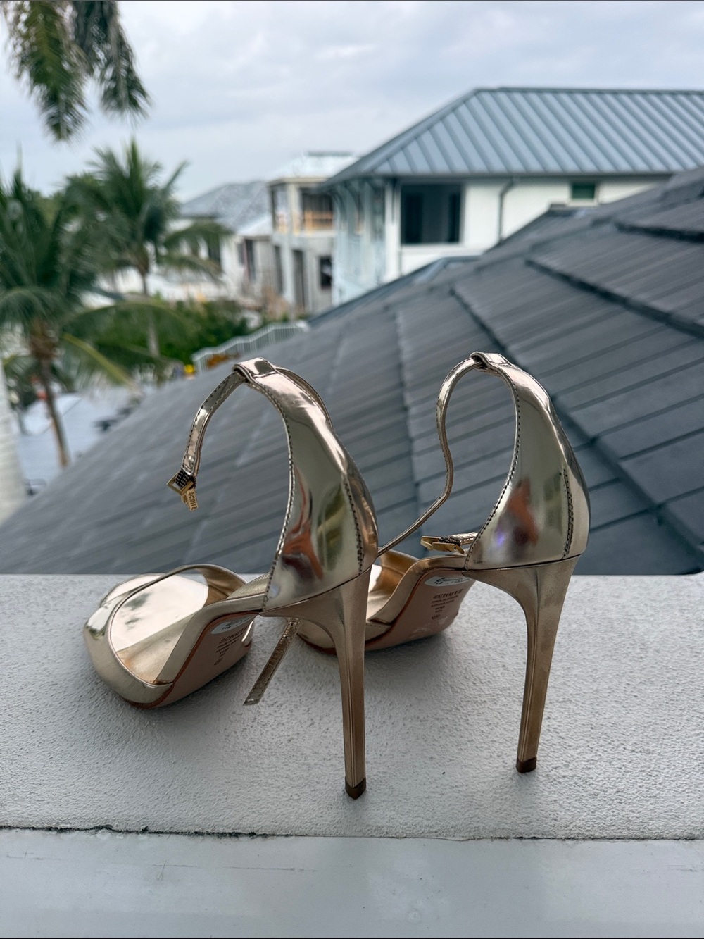 SCHUTZ Metallic Gold Open-Toe Ankle-Strap Stilettos - Picture 3 of 3